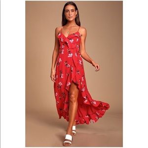 Lulus Red Floral Wrap Maxi Dress Size Small NWT!